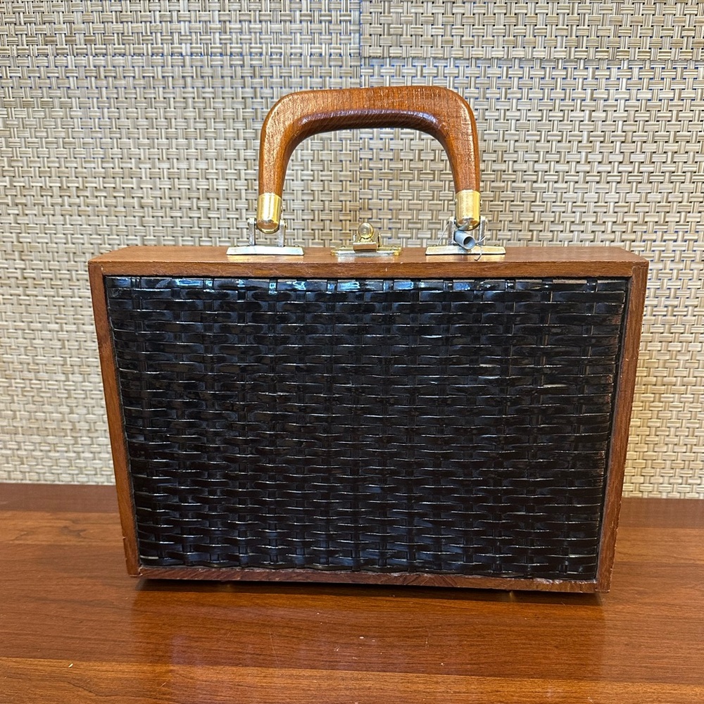 🌟2xHP🌟VTG 1960 Woven Black Faux Wicker Brown Wood Case Handbag Dayne Taylor